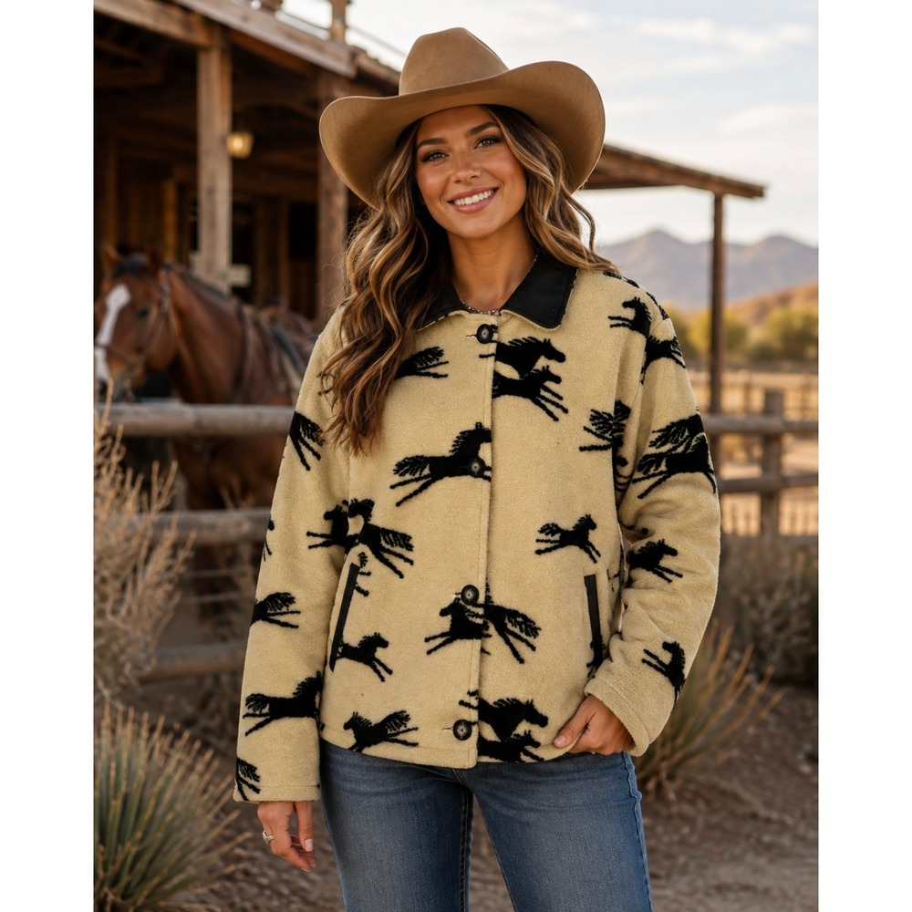 TSUNAMI Equestrian Horse Print Fleece Jacket Faux Suede Trim Buttons Large